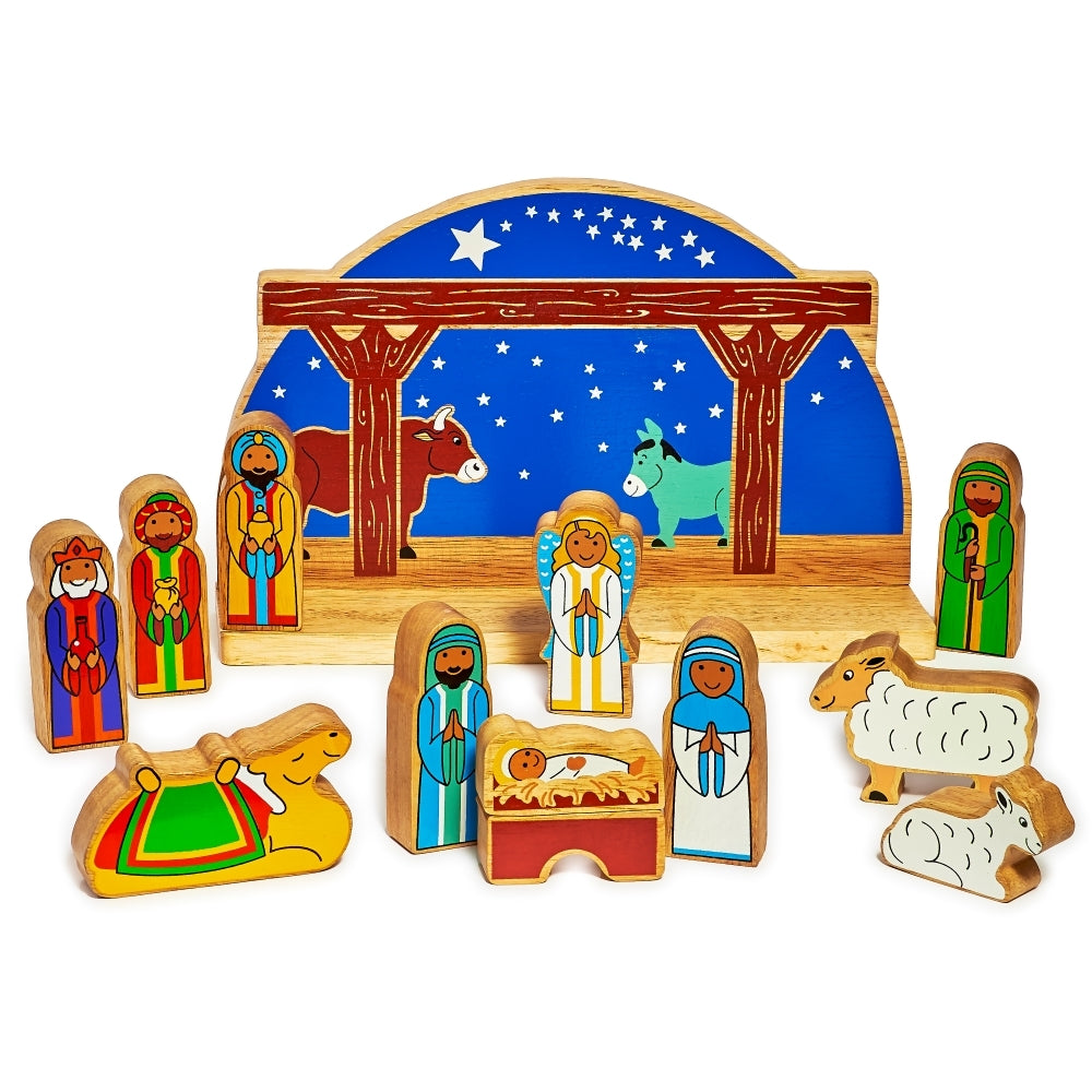 Wooden deluxe starry night nativity playset colourful wooden toy