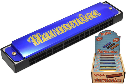 Colourful boxed retro metal harmonicas
