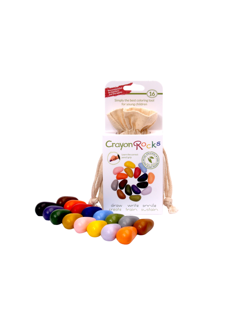 Crayon Rocks set of 16 soy wax crayons in an ecru cotton bag