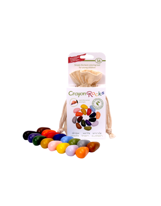 Crayon Rocks set of 16 soy wax crayons in an ecru cotton bag