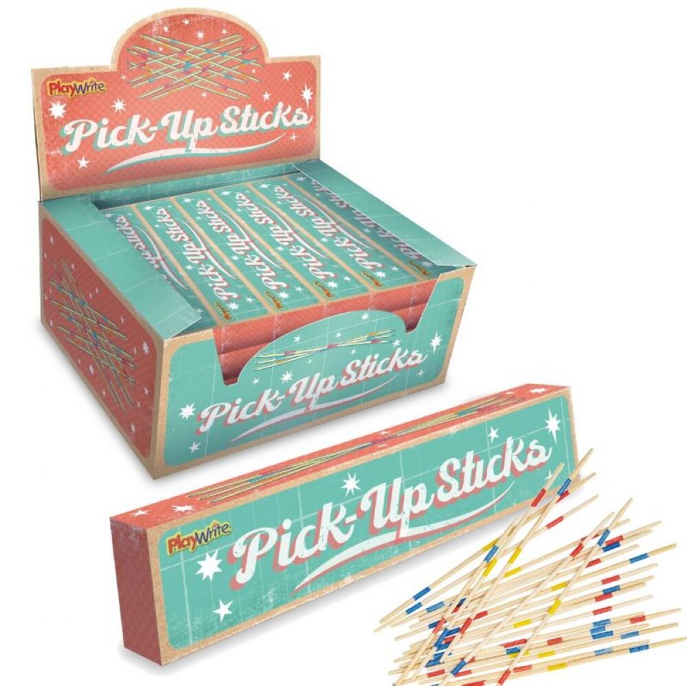 Wooden pick up sticks game in a cardboard box