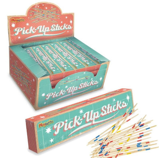 Wooden pick up sticks game in a cardboard box